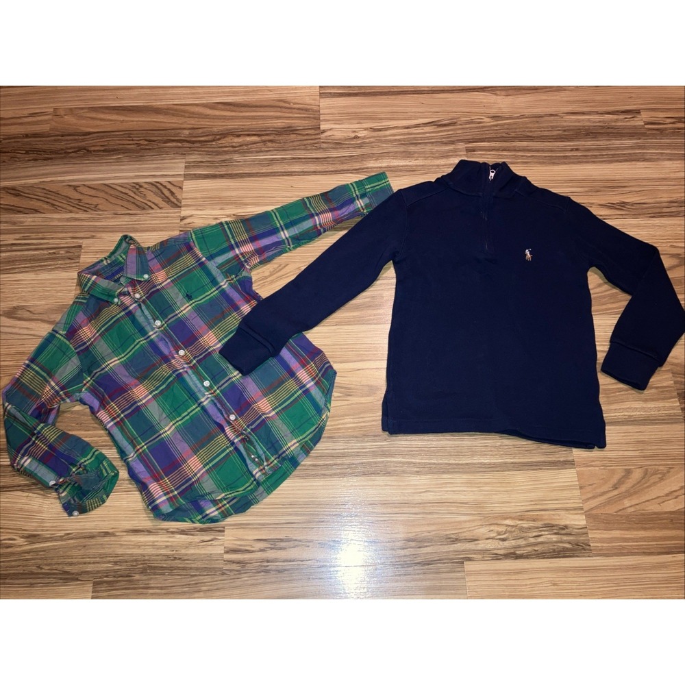 LOT of 2 Polo Ralph Lauren Boys Blue 1/4 Zip & Button Down Shirts‎ Size Small